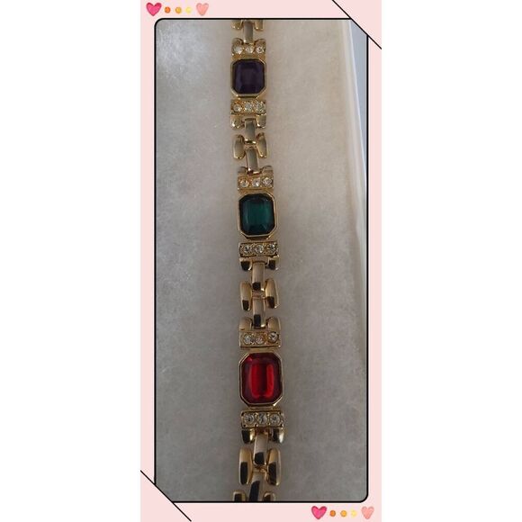 Pretty 18K YGP Multi Gemstone & Crystal Stampato Link Bracelet , - Picture 2 of 4